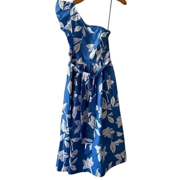 NWT J Crew Floral Ruffle One Shoulder Midi Dress Tie Elastic Waist 14 Blue White - Picture 2 of 15